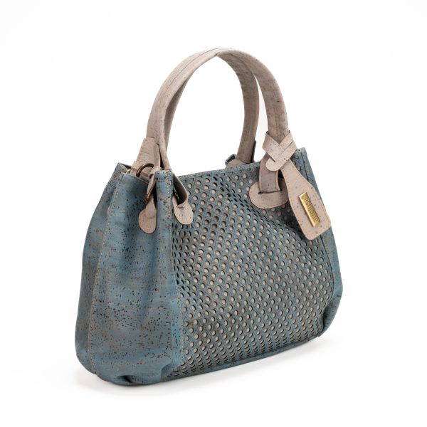 Handtasche aus perforiertem Kork in Jeansblau und Grau