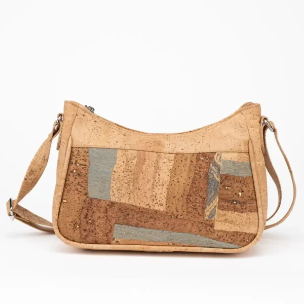 Cork suitcase with natural patchwork pattern on the front